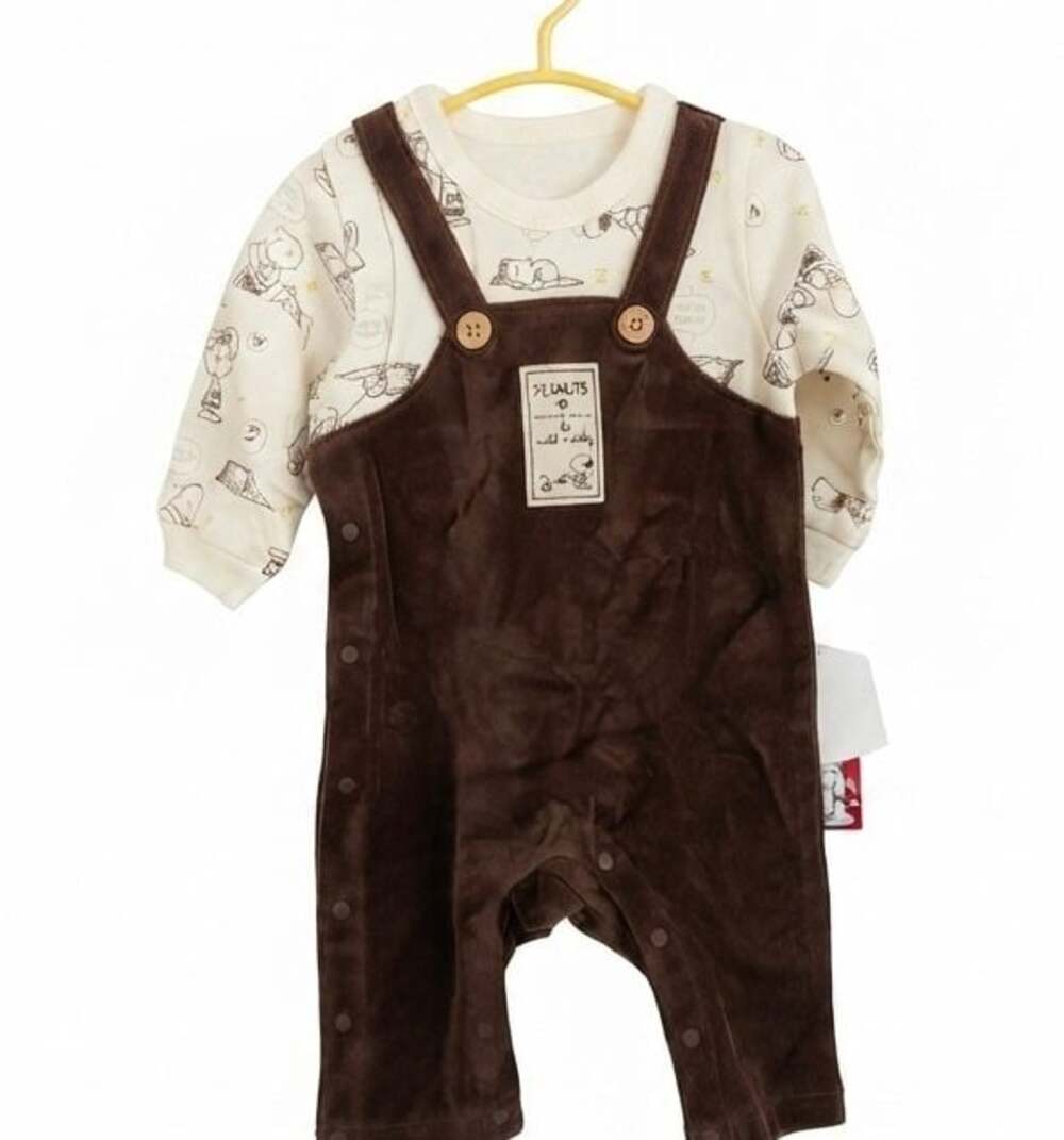 Peanuts Snoopy Brown Corduroy Overalls and Patterned Long Sleeve Tee 2-Piece Set